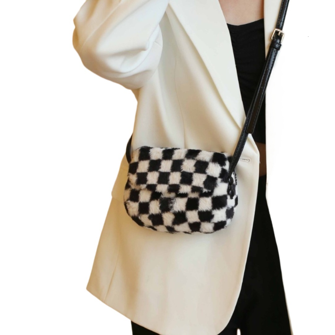 designer Fluffy Bag Autumn Style High-end Women's Black and White Plaid Plush Saddle Bag Niche Design Single Shoulder Crossbody Bag for Women