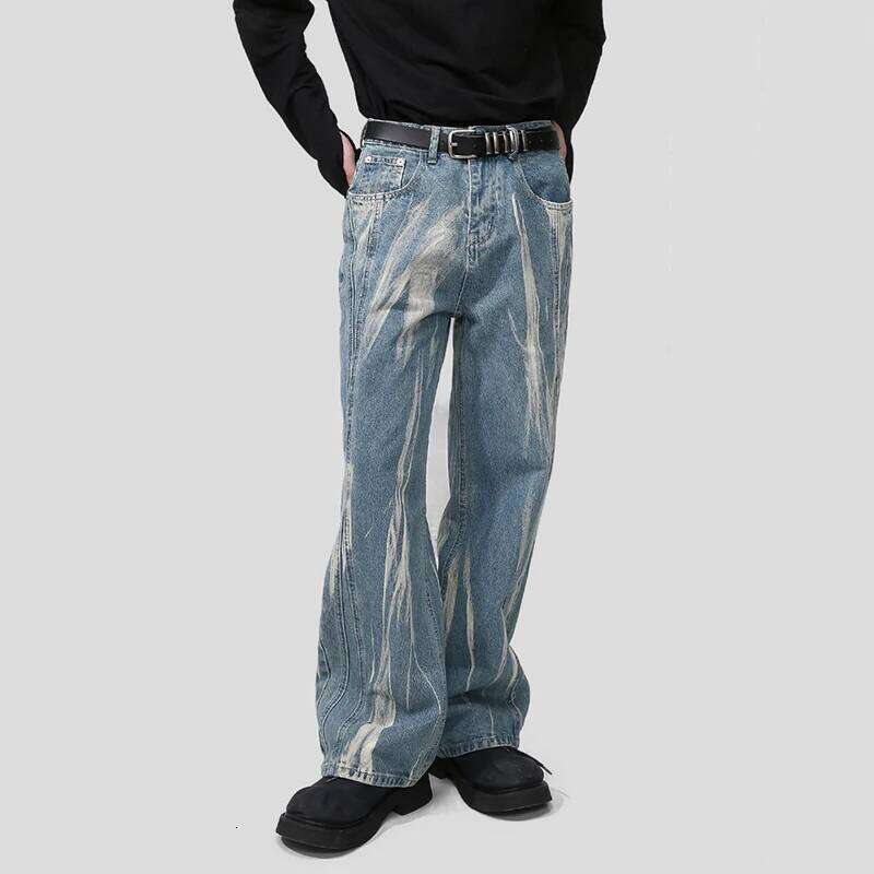 IEFB Korean Style Men's Denim Pants Tie Dye Washing New Contrast Color Casual Trousers Wide Leg Loose Male Jeans Summer 9W2482