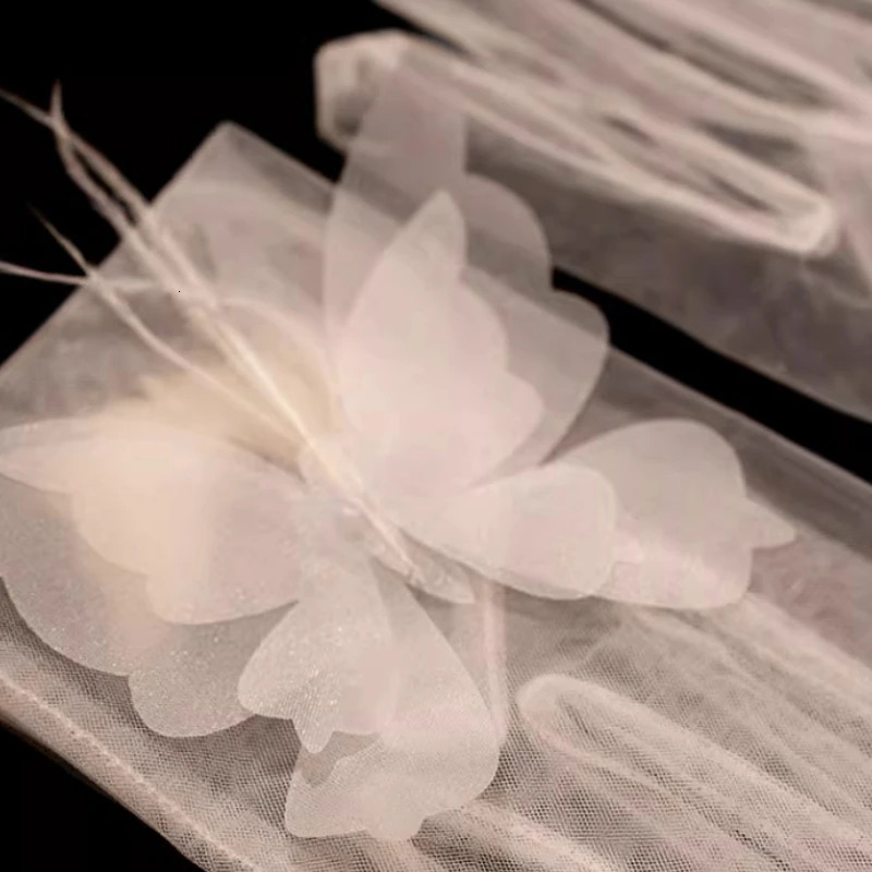 Stock Princess Women Wedding Gloves Full Finger Butterfly Feather Elbow Length Bridal Acccessory guantes largos mujer 250530