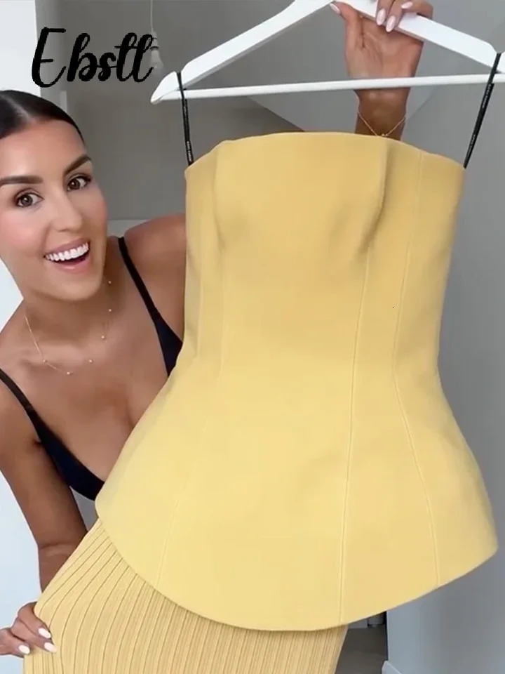 Elegant Strapless Top Skirts Set Women Slim Backless Sleeveless Tops High Waist Pleated Skirt 2025 Spring Lady Solid Outfits 250530