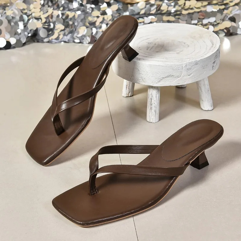 Summer Soft Leather Square Toe Cat with Flip-flops Women Fashion Thin Belt Thin Heel Soft Sole Flip-flops 250528
