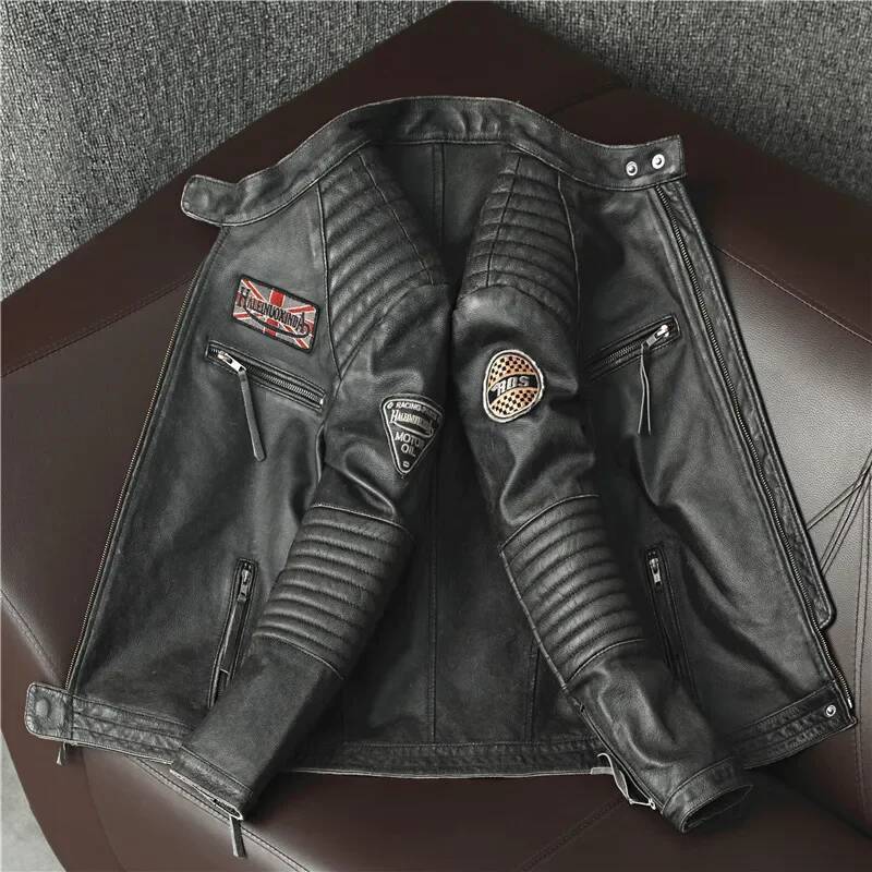 2025 Slim Biker Vintage Gray Spring Autumn Cowhide Coats Motorcycle Genuine Leather Jacket For Men Style Plus Size