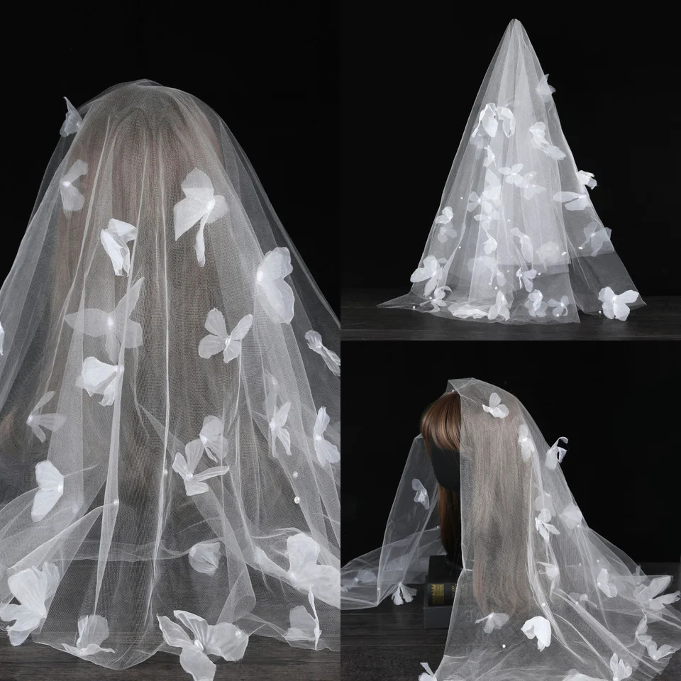 Sweety Pearls One Layer Long Shoulder Length Veils 3D Butterfly Appliques Wedding Veil Applique Edge Velo De Cabeza Bride Voile 250530