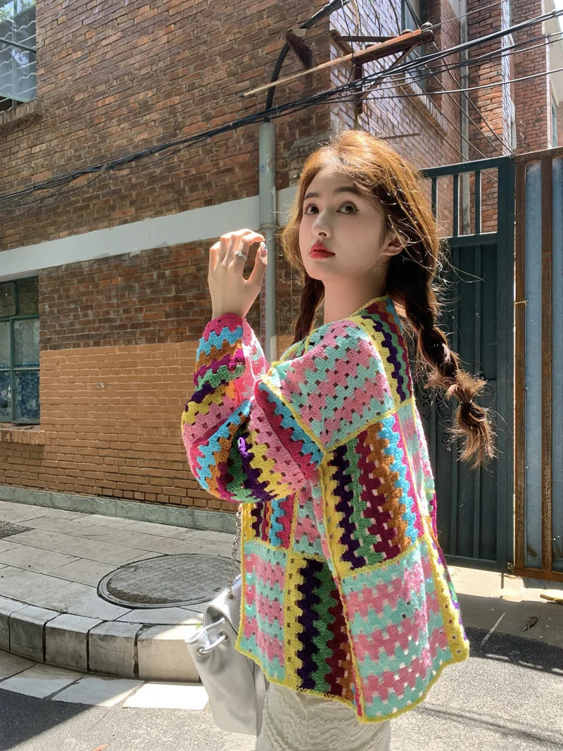 SALIENCY Colorful Crochet Knit Hollow Cardigan Sweater Jacket Women Spring Top Loose Short Knitwear 250530