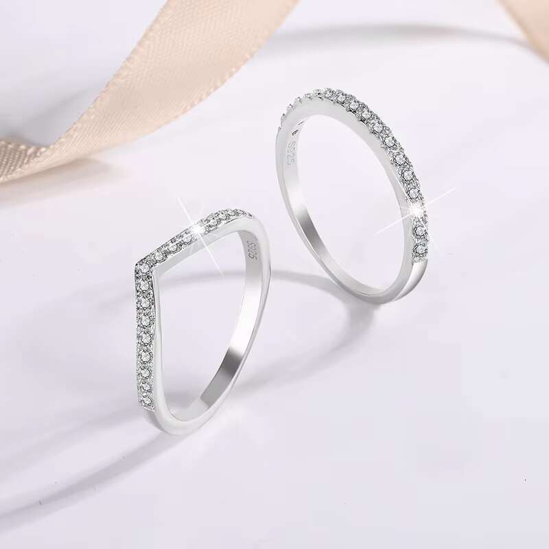 9 Factory Direct Sales Fine Jewelry S925 Sterling Silver D Moissanite Diamond V Shaped Stacking Bands Row Ring for Women Gift