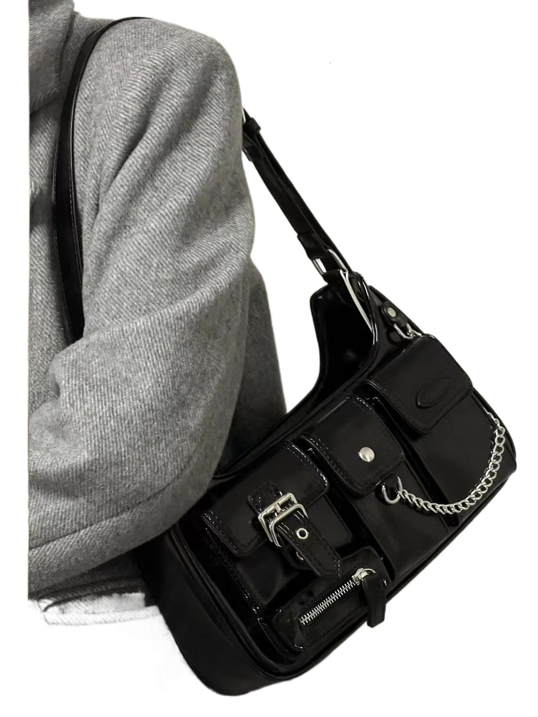 designer High-End Women's Bag Shoulder Bag Black Millennial Trendy Underarm Bag Niche Hong Kong Style Motorcycle Bag Multi-Pocket Messenger Bag