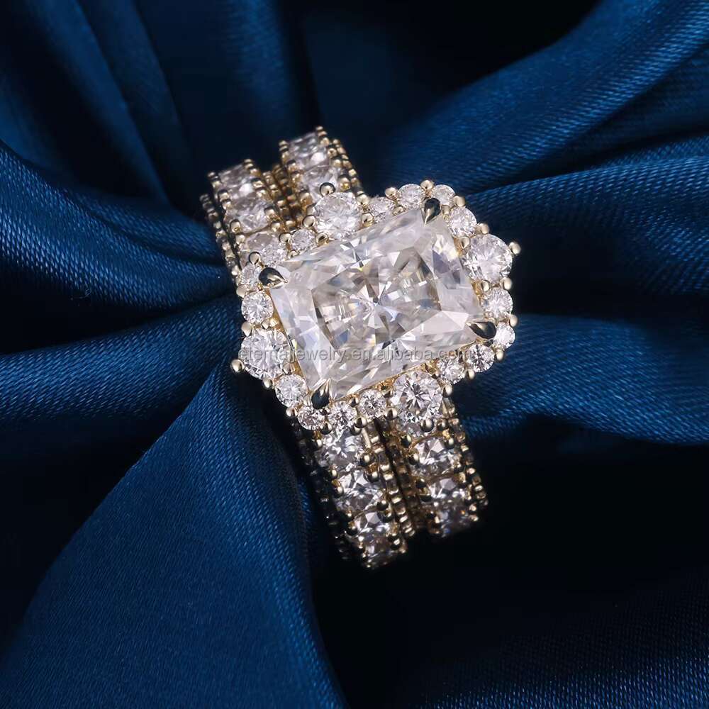 Custom Women S925 Silver 10K 14K 18K Solid Gold 3CT 5CT VVS Cushion Cut Moissanite Lab Diamond Wedding Engagement Halo Ring Set