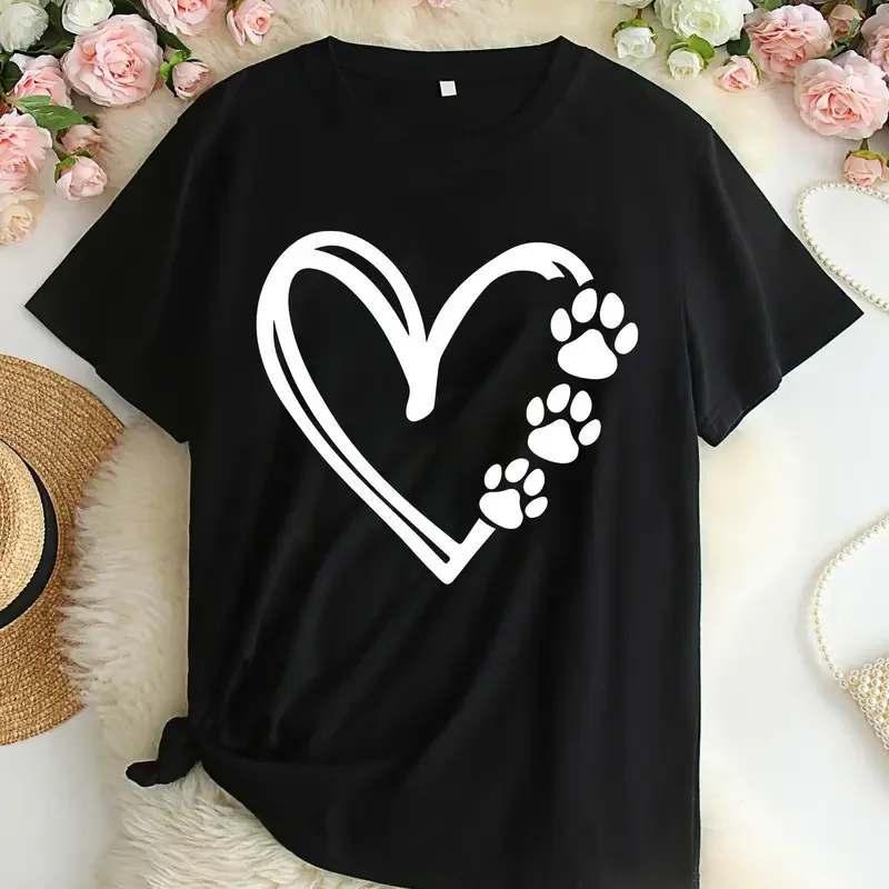 Plus Size Leopard Heart Print Designer T-Shirt Casual Crew Neck Short Sleeve T-Shirt Women's Plus Size Clothing 100% Cotton Sexy Female Tops