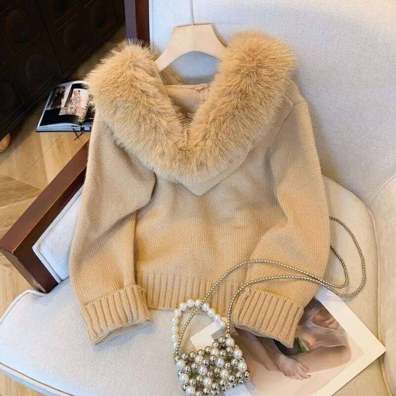 Korean Double Zipper Fur Collar Ing Design Sense Hooded Knit Cardigan Women's New Slim Top In Autumn And Winter