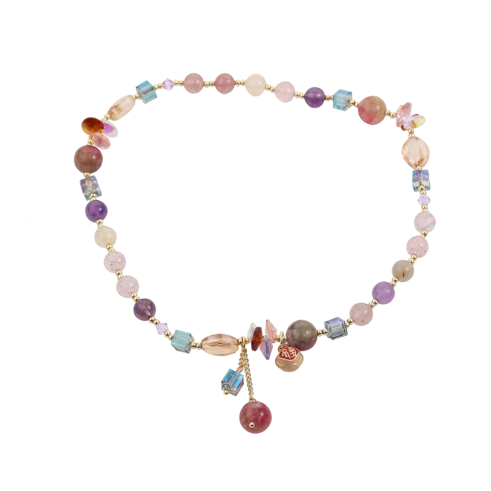 Colorful bead crystal double circle bracelet, stone sand gold pendant, elastic chain, simple rural style women's accessory
