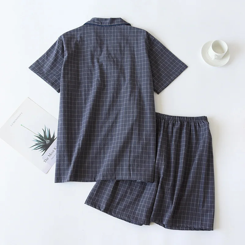 High Quality and Durable Men Cotton Pajama Set SingleLine Checkered Matching Loungewear Cardigan Shorts Sleepwear 250526