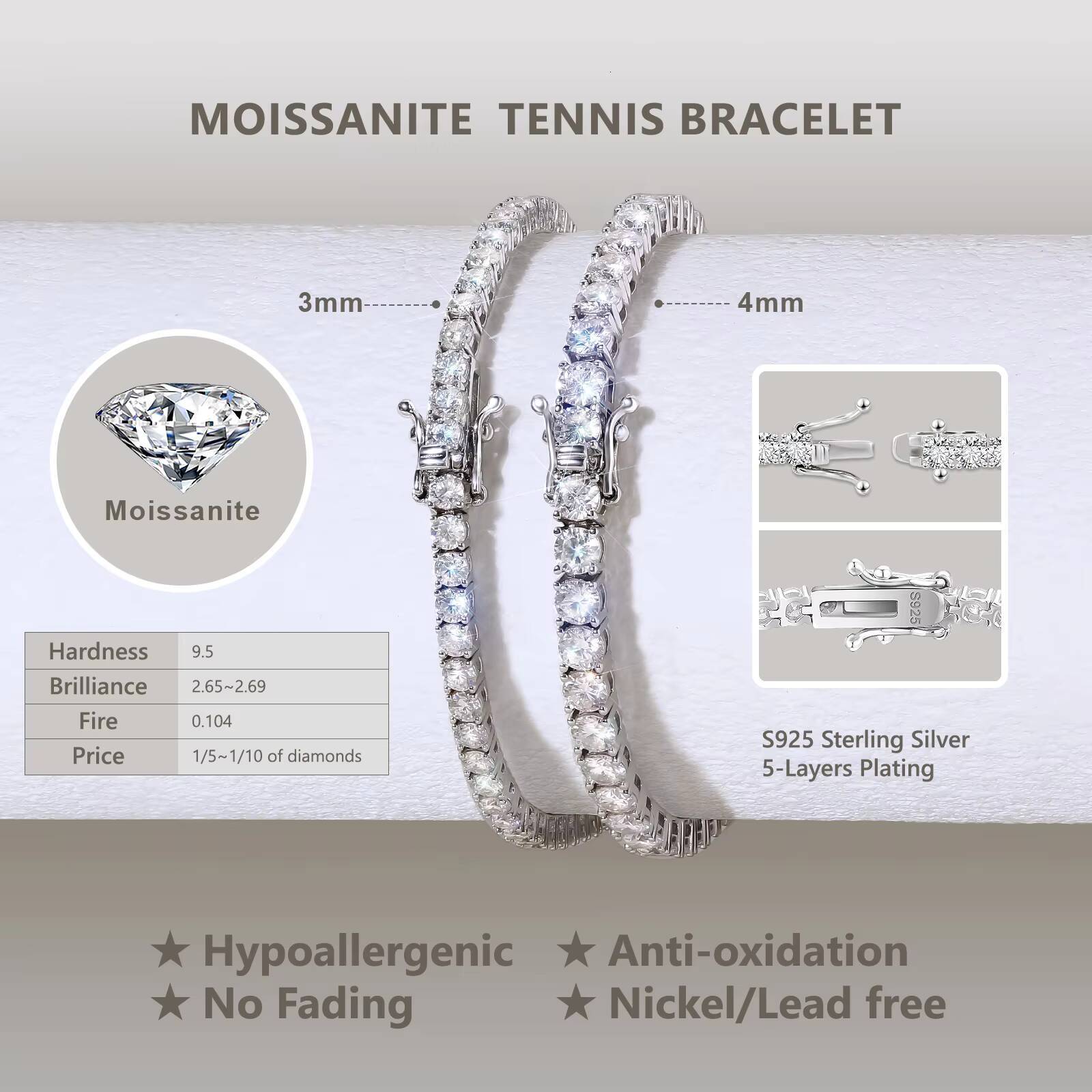 Moissanite Jewelry for Women and Men 2/3/4/5mm D Color VVS1 Round Cut 14k White Gold Plated Sterling Sier Tennis Bracelet