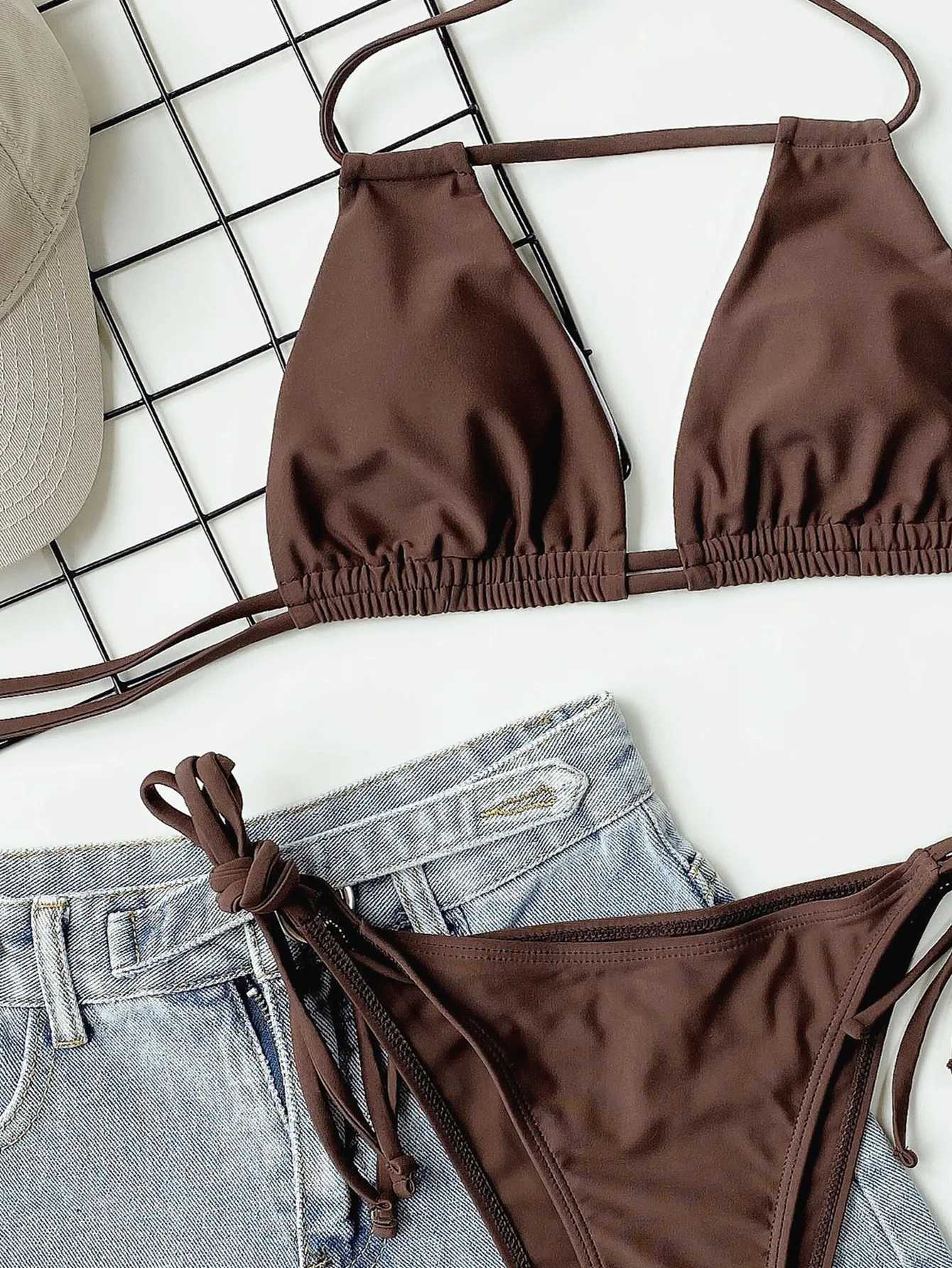 2025 Sexy Solid Bandage Bikini Halter Strappy Swimwear Women Swimsuit Female Two Pieces Bikini Set Low Waist Bathing Suit BatherT250602