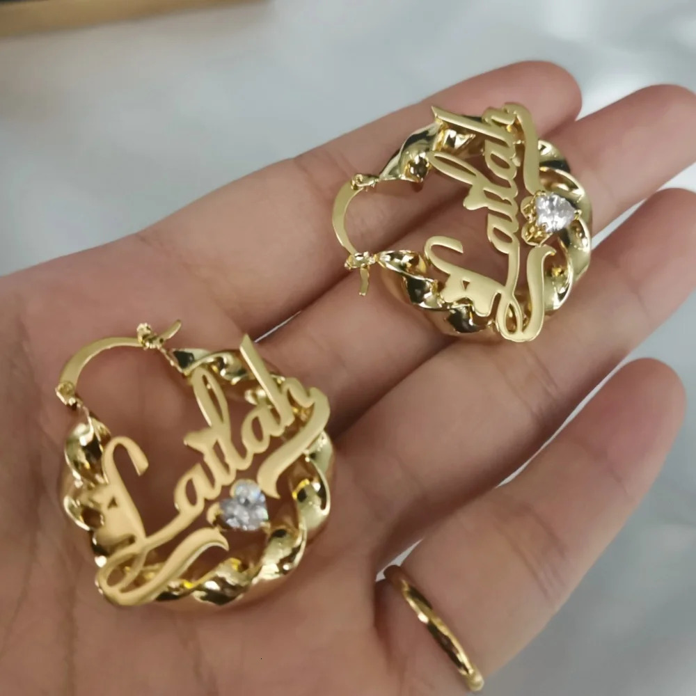 LeeChee Heart Zircon 30mm Twist Custom Name Hoop Earrings Stainless Steel Personalized Jewelry Gift For Girls 250529