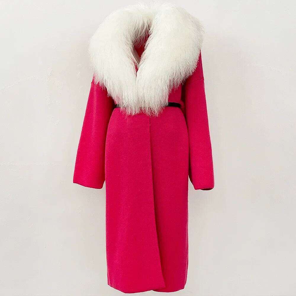 Reality 2025 Spring Autumn Cardigan Women Real Mongolia Sheep Fur Sweater Female Long Knitwear Belt Clothing Lady Fashion