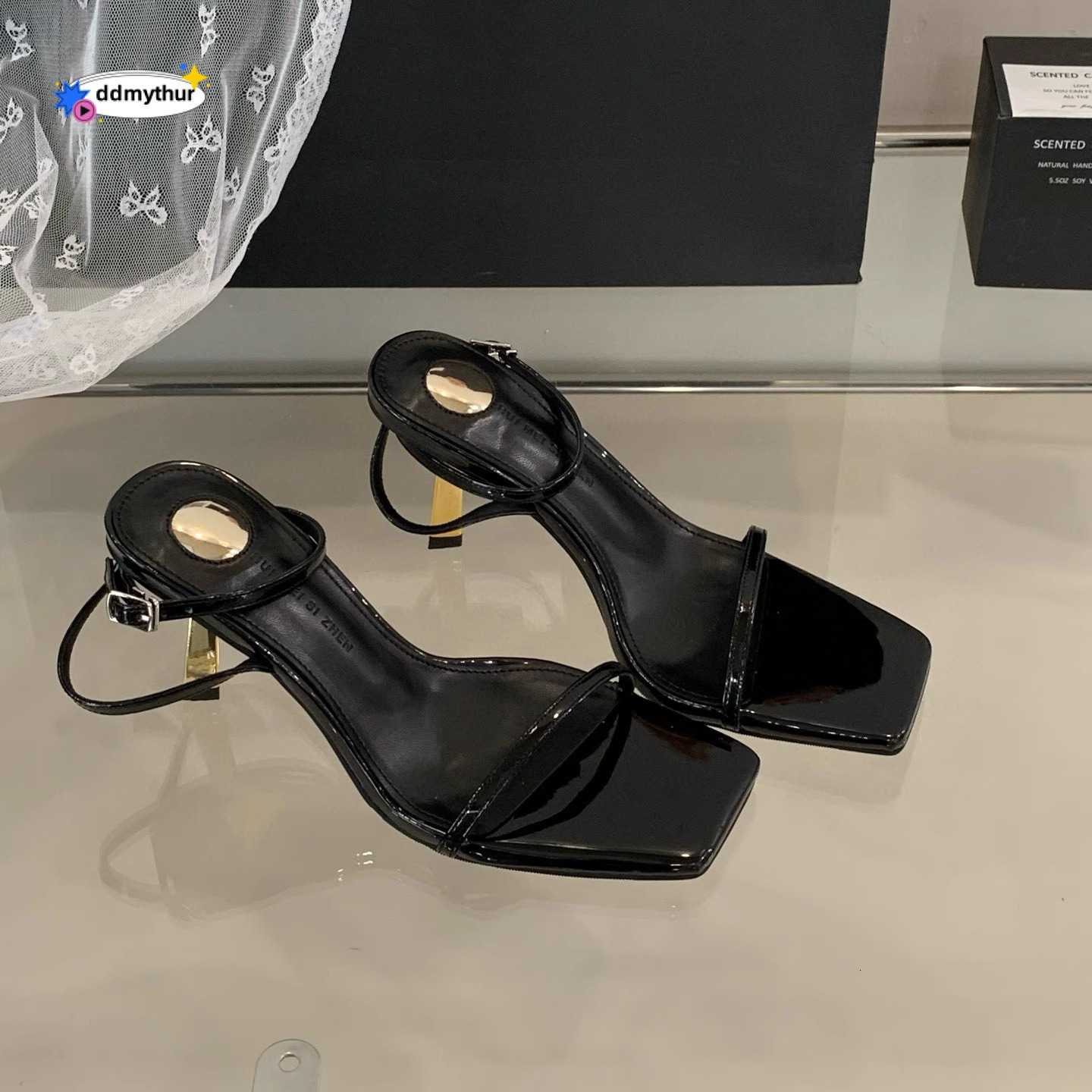 2025 Summer New Black Patent Leather One-Strap Square High Heels Women's Stiletto Sandals Versatile Gold Heel Open Toe ddmythur