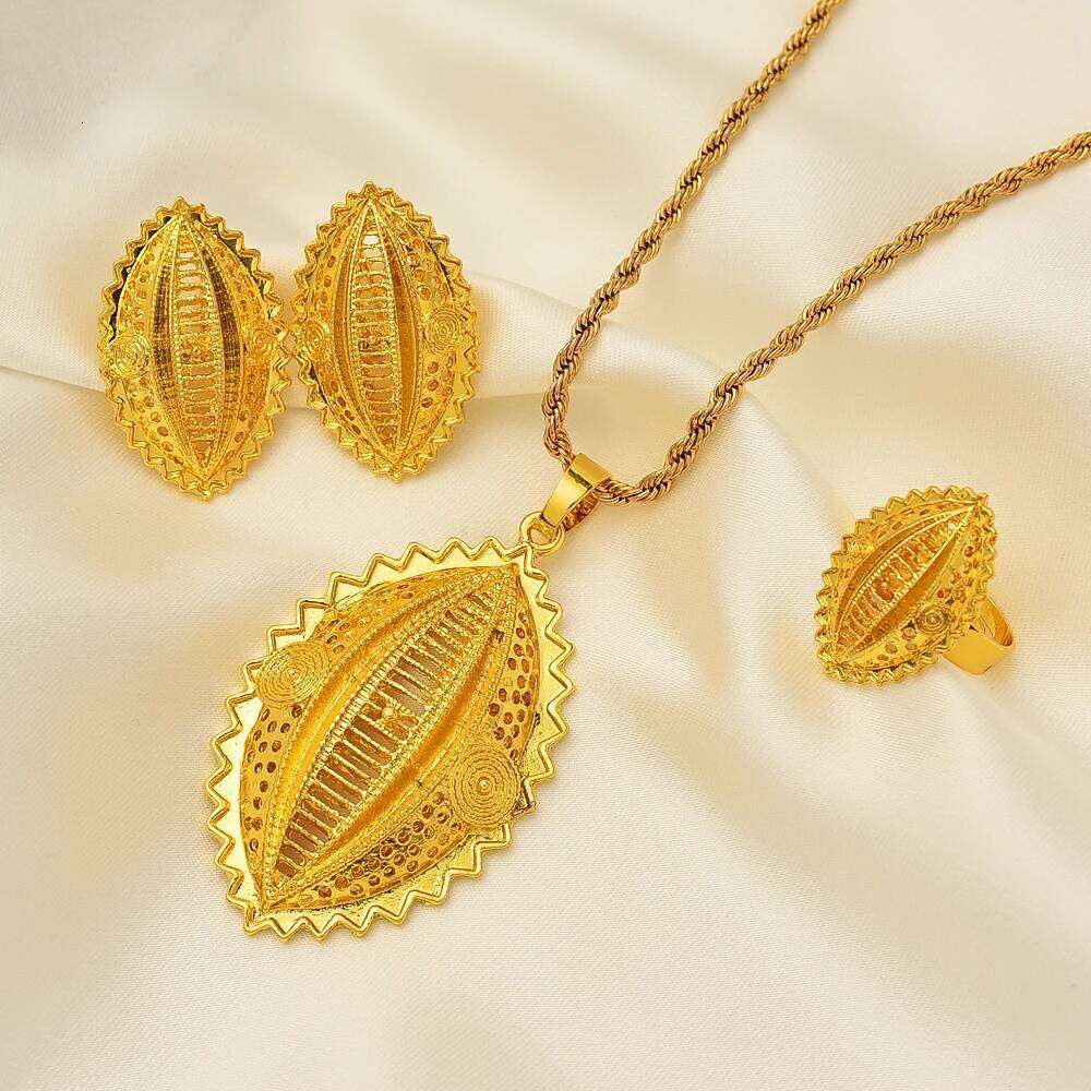 Shell Shape Gold Plated Ethiopian Eritrea Traditional Jewelry Set Necklace Earring Women's Habesha Wedding Bridal Best Gift
