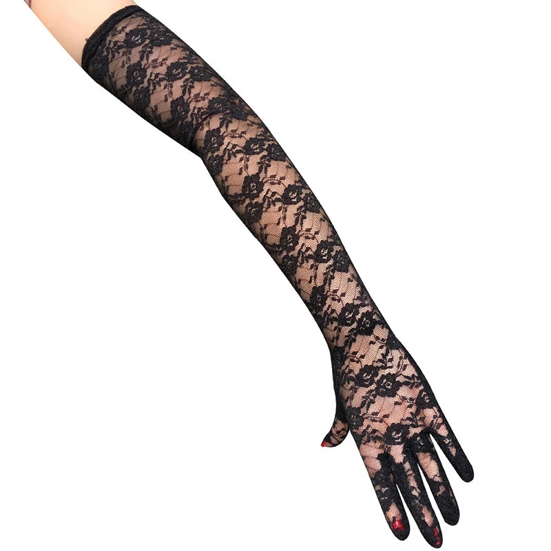 Women See Through Floral Lace Long Gloves Black White Red Sexy Elbow Length Mittens Wedding Party Evening Gloves Accessories 250530
