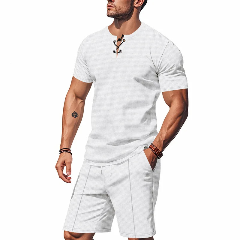 2025 Summer Simplicity Mens Suit Loose Walf Checks Fabric Breathable Comfort and Casual Short Sleeve Shorts TwoPiece 250530