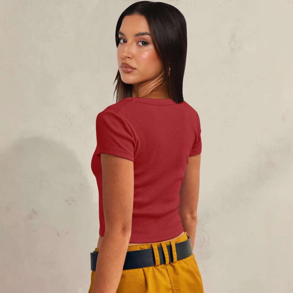 New Solid Color Slim Fit Cropped Sleeve Top Summer Short T-Shirt V-Neck Ribbed Knit Women's Clothing