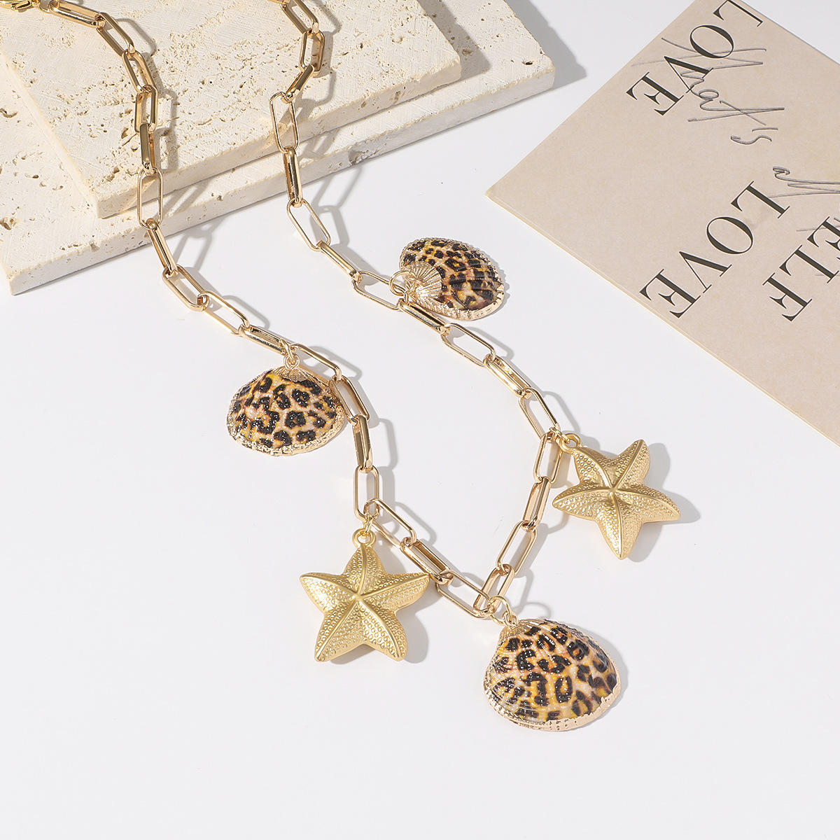 Leopard Pattern Sea Star Conch Pendant Summer Leisure Beach Vacation Wind Internet Celebrity Ins Necklace