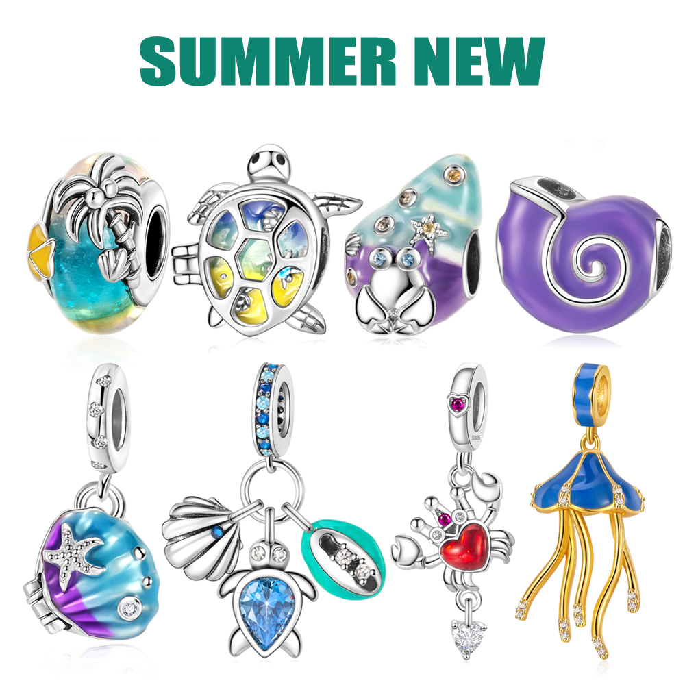 FewDook 2025 New Ocean Series Shell,Sea Turtle,Jellyfish,Glass,Crab Dangle Charms fit Original Pan Bead Bracelet Jewelry Designer for Women Accessorie