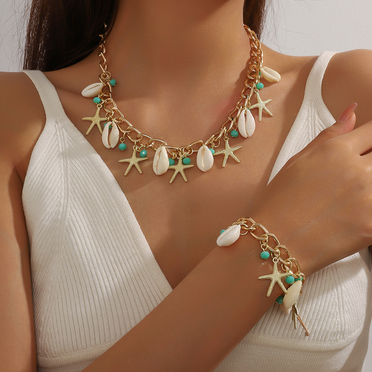 vacation ocean style starfish shell necklace bracelet bead fashion accessory set