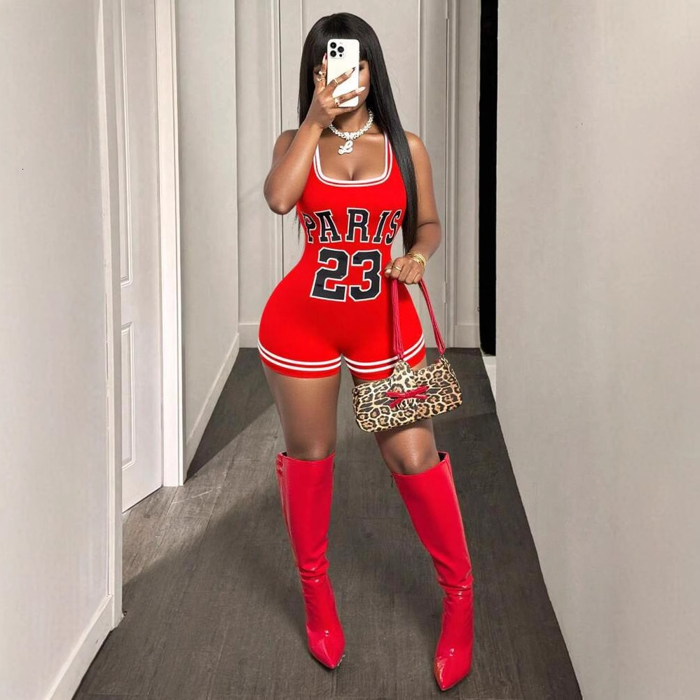 Designer T Shirt European And American Summer New Women S Sexy Hot Girl Slim Fit Printed Strap U Neck Bodycon Shorts Jumpsuit For Women Essentials Sum