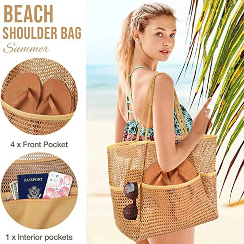 Multi Pockets Summer Beach Bag For Towels Mesh Durable Travel Handbag Toys Organizer Waterproof Underwear Swimming Storage Bag 250530