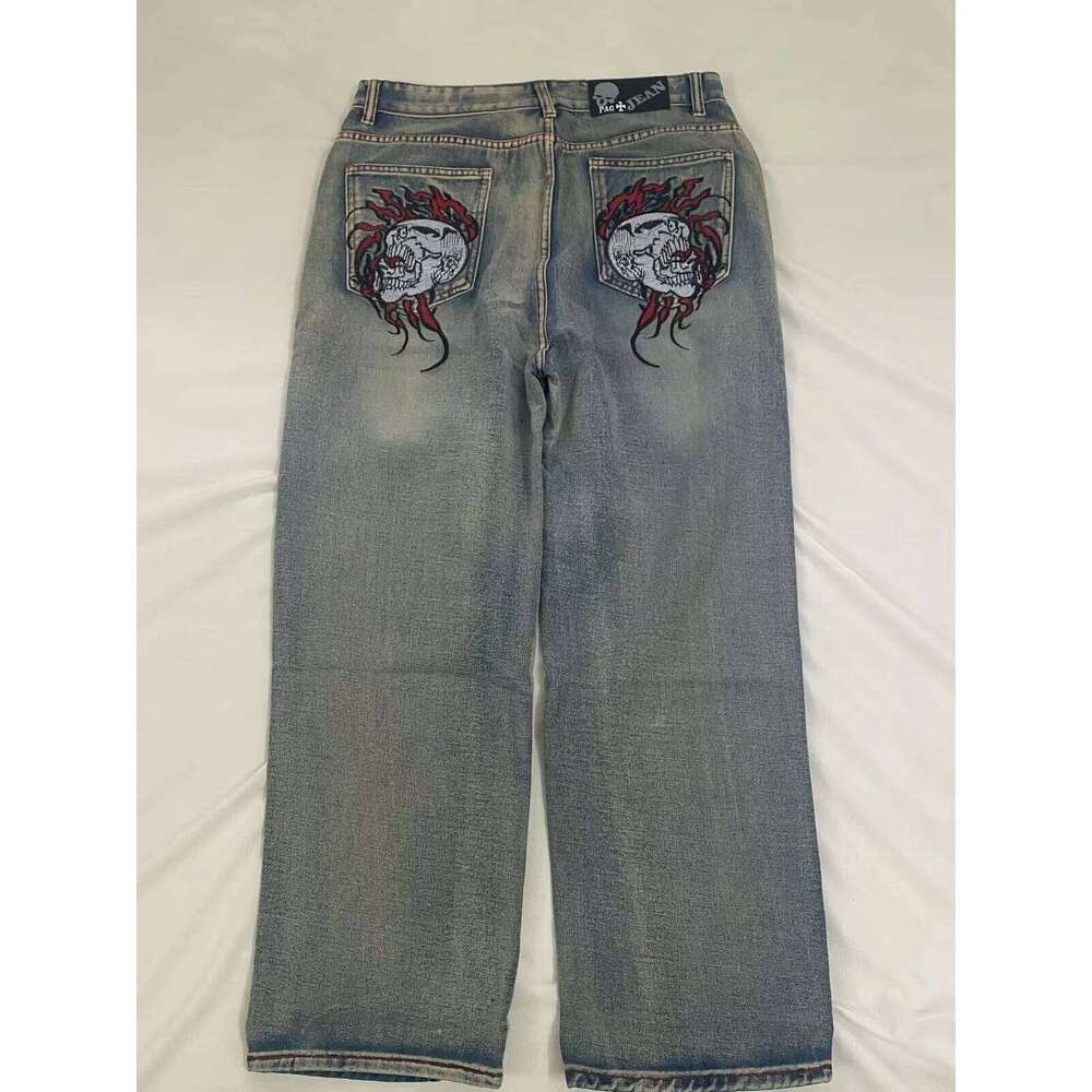 American Hip Hop Joker Skull Embroidered Loose Women Street Y2K New Casual Punk Rock Wide-leg Pants Unisex Mopping Jeans