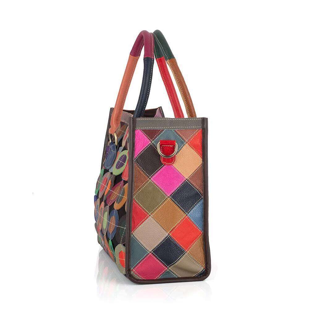 Fashion Splicing Color Leather Women's Tote with Casual and Colorful Circle ing Cowhide Shoulder Bag Handbag