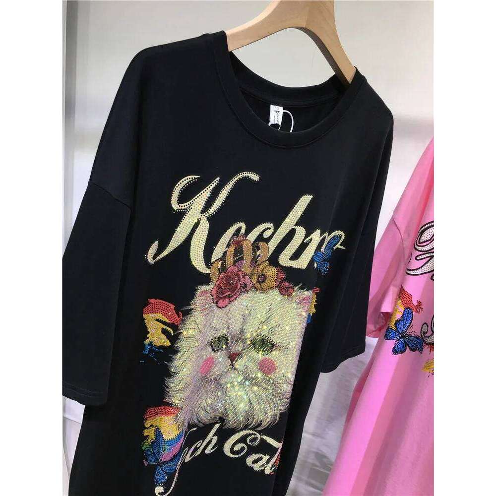 Oversized rhinestone cat print summer trend black top Loose women's short-sleeved T-shirt