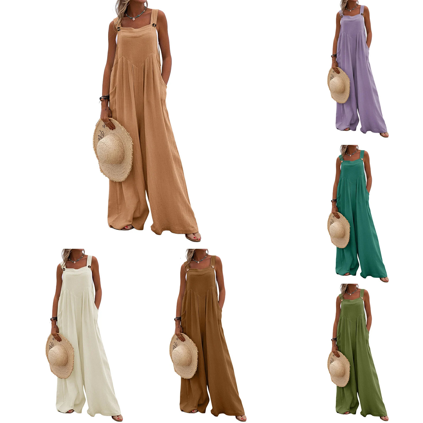 Women's Clothing Trend Fashion Solid Color Jumpsuit Casual Button Wide Leg Suspender Overalls with Pockets Streetwear 250530