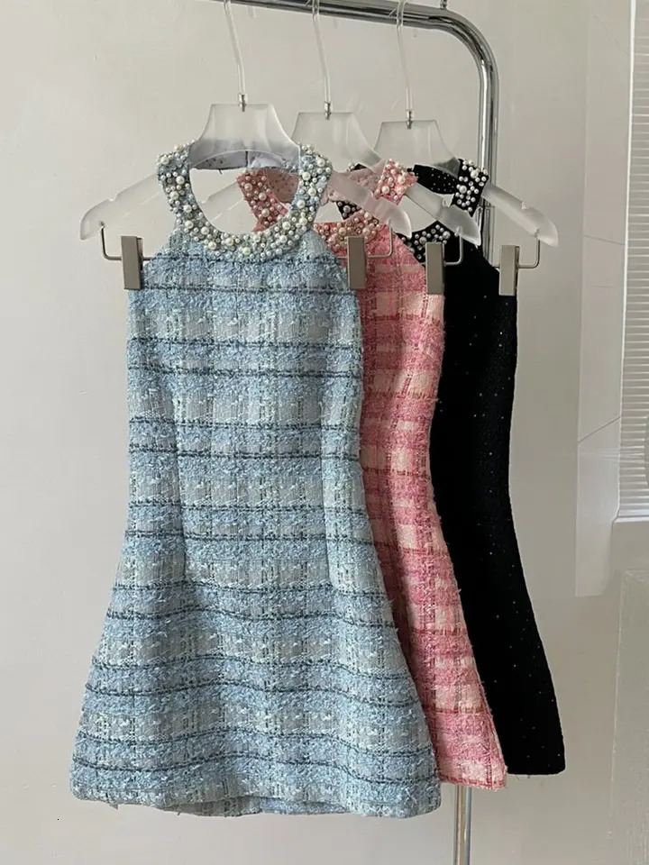 Korean Sweet Tweed Small Fragrance Tweed Dresses For Women Fashion Beading Summer Dress sweet Sexy Party Dress 250529