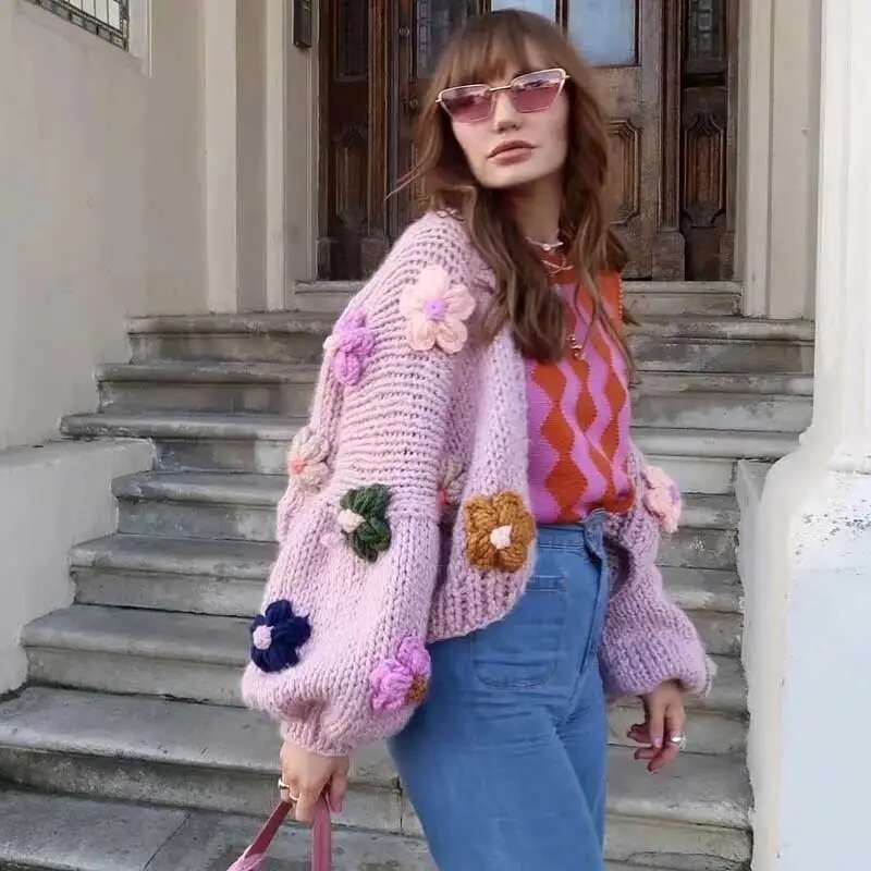 Boho Inspired Winter Women's Cardigans Multicolor Knitted 3D Flowers Long Sleeve Loose Cardigan Coats Warm Sweaters 4 Colors