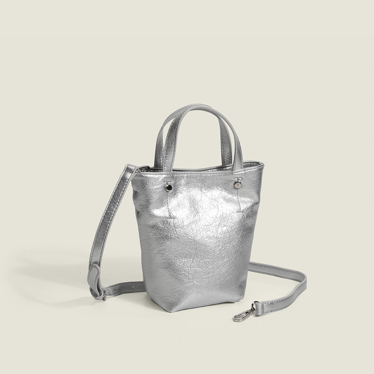 designer Korean Handheld Silver Waxed Leather Mini Tote Bag Summer New High-end Bucket Shoulder Crossbody Small Bag