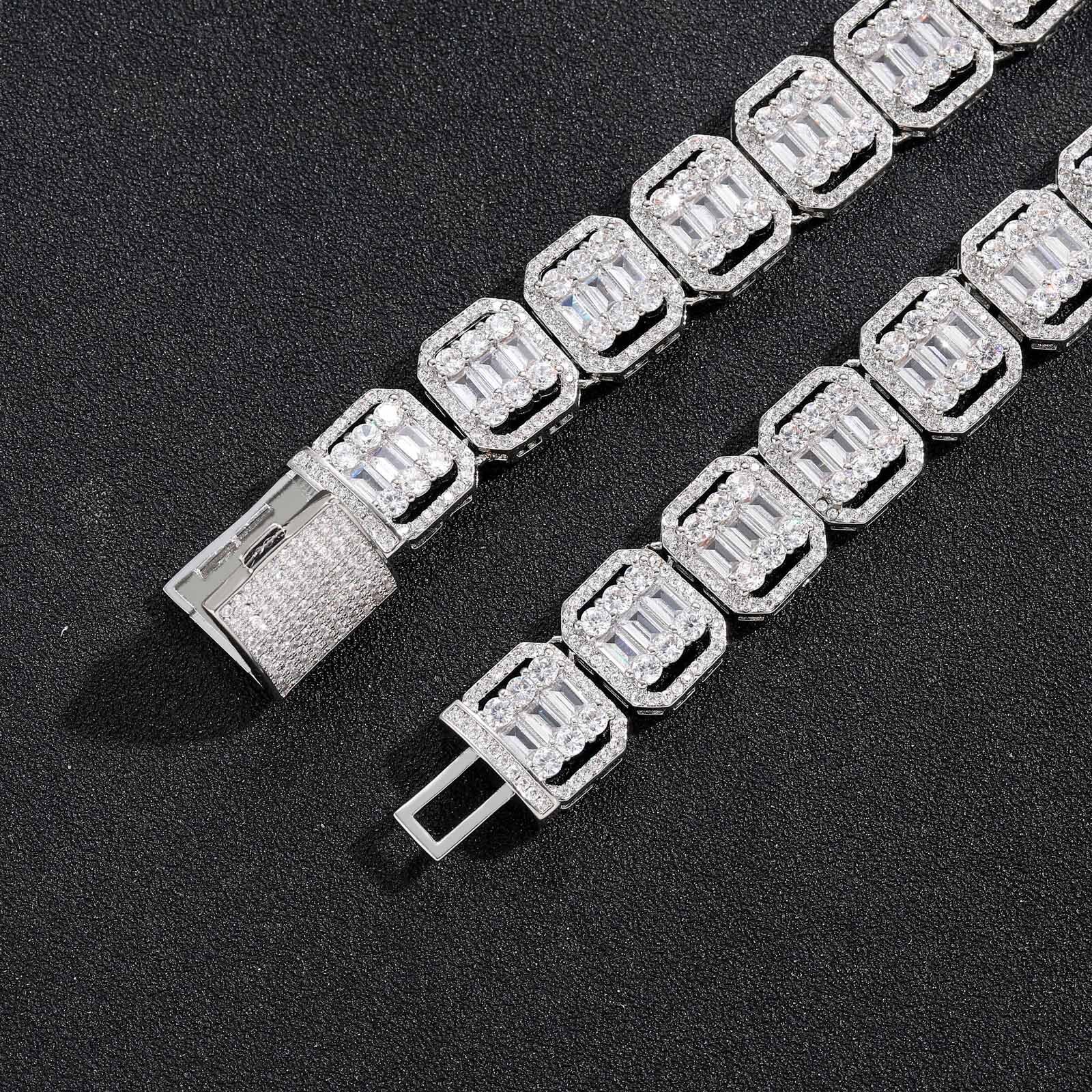 Hip Hop Mens Bracelet 13mm Wide Rock Sugar Chain Flip Cap Square Diamond Round Diamond Mixed Inlay Hollow Neck Chain Nine Palace Grid Chain moissanite