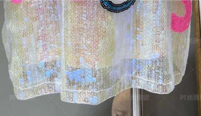 2025 Summer Women's Hip Hop Cartoon Print Loose Sequined Tops Y2k Short Sleeve Round Neck Night Club Long T-shirt Women