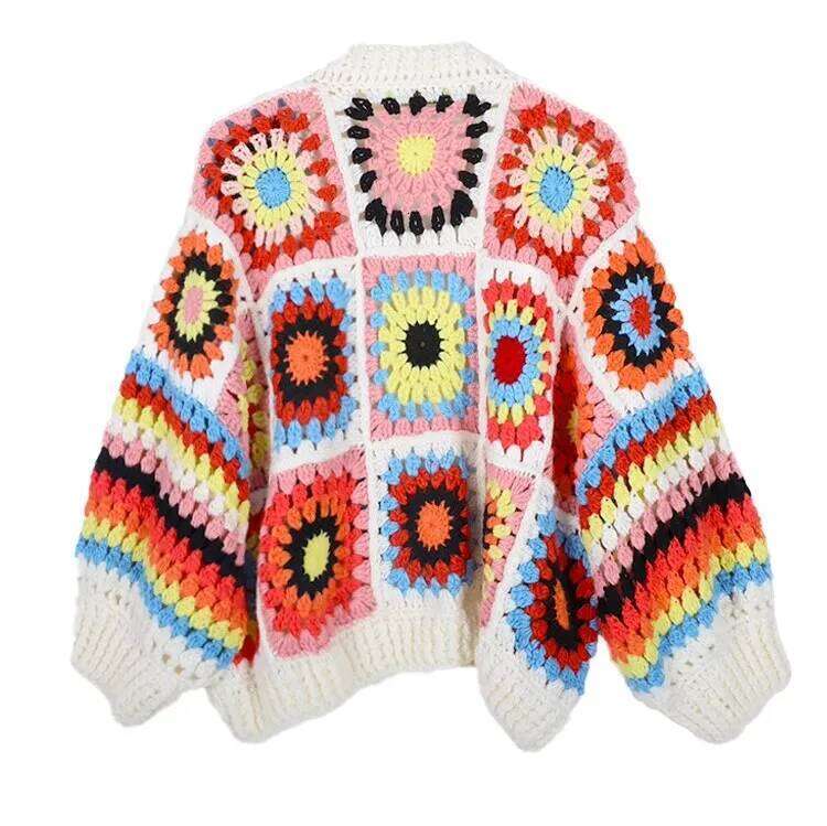 Hand Made Crochet Cardigan Woman V Neck Long Sleeve Sweater Open Ing Knitwear Jumper Autumn Winter