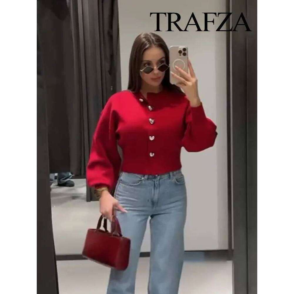 TRAFZA Women Fashion Solid Tops Heart-Shaped Buttons Cardigans Female Spring Casual Long Sleeve O-Neck Knitting Sweaters Coats
