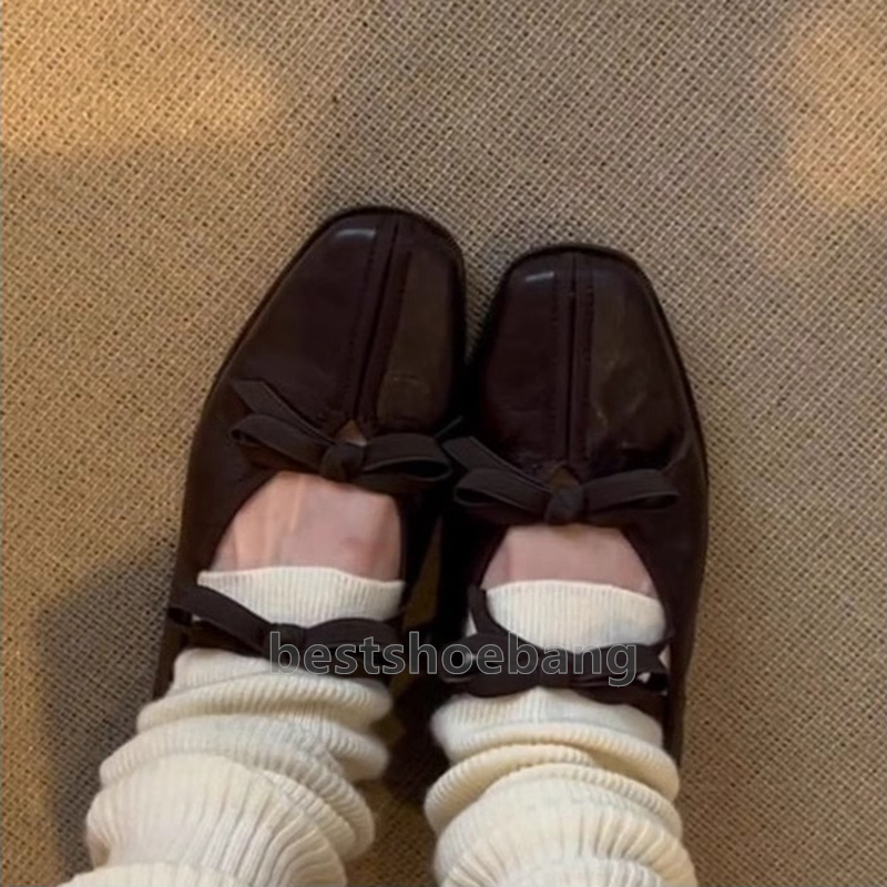 2025 Elegant Bowknot ballet flats loafers mary jane Classic Square Toes Comfort dress shoes Ladies low heels Fashion Leather Slip-On women shoes