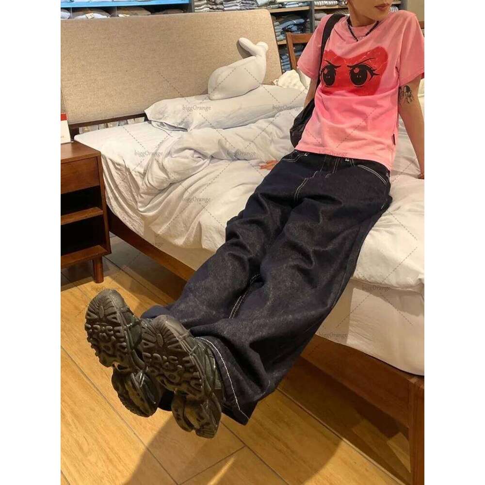 New Haruku Trendy Y2k Streetwear Trousers American Retro Embroidered Washed Baggy Jeans Women Casual Straight Wide-Leg Pants