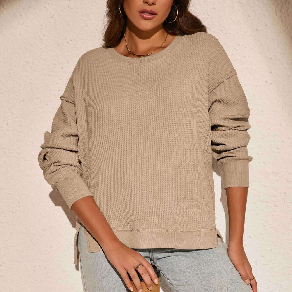 Fashion Women's Round Neck Split Solid Color Loose Casual Long Sleeve Pullover Lazy Sweatshirt
