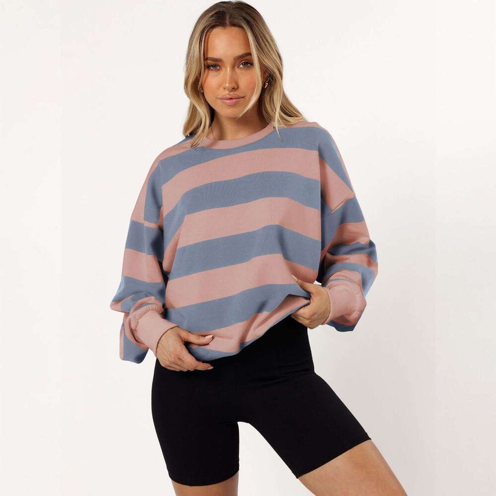 Hot-Selling Trendy Loose Fit Cool Striped Crew Neck Lantern Sleeve Women's Sweatshirt for Autumn and Winter