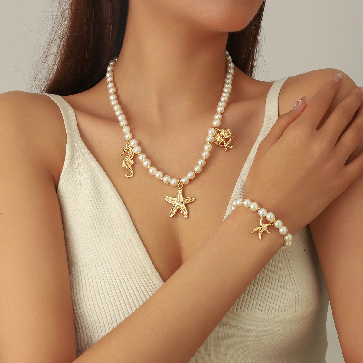 Starfish Pearl Fashion Set French Pendant Palace Style Clavicle Chain Necklace