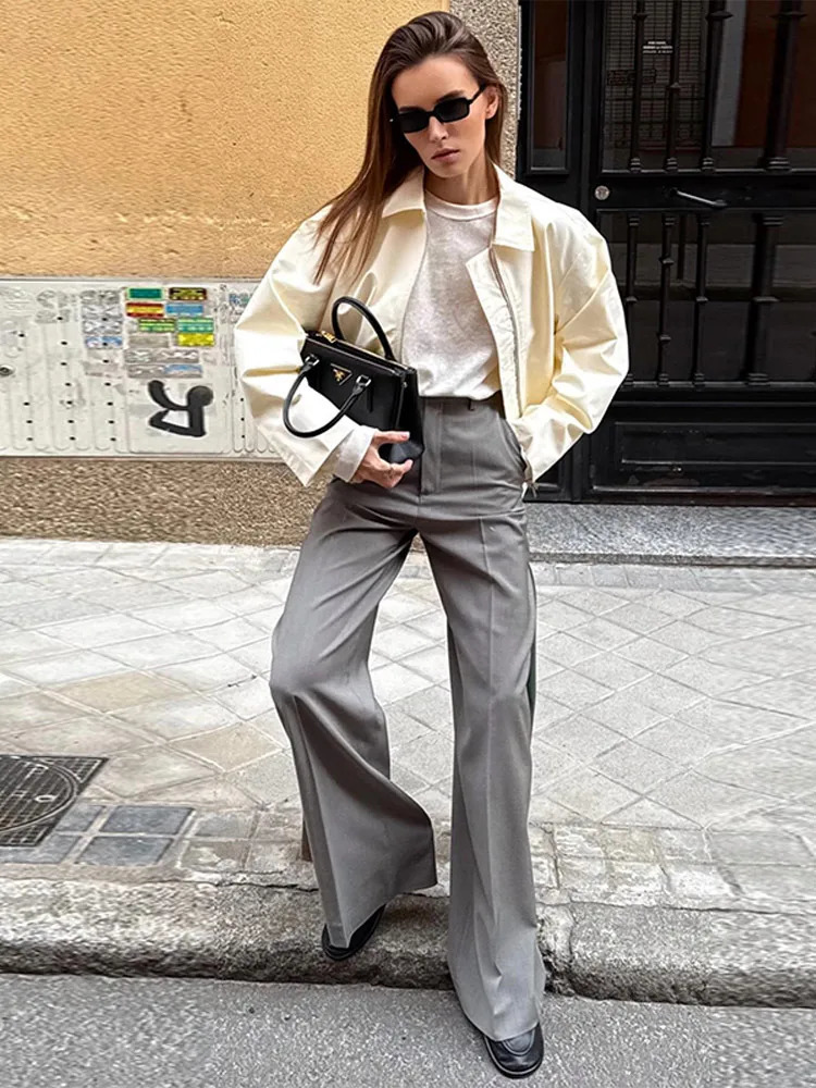 Street Womens Jacket Zipper White Lapel Long Sleeve Female Loose Coats Female 2025 Spring Fall Lady High Street Outwears 250530