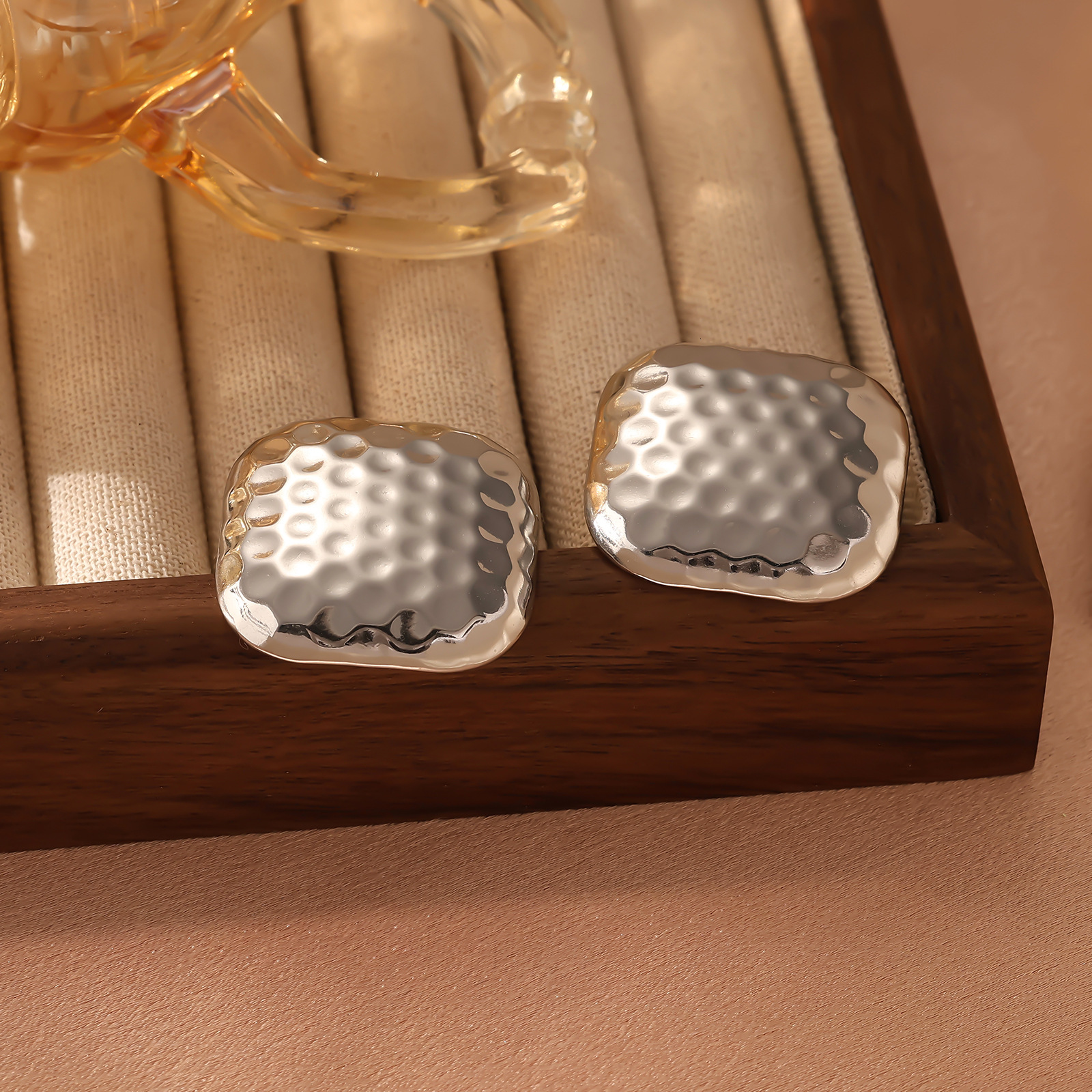 Hammered Irregular Earring Accessories for Women Stainless Steel Square Stud Earrings High-end Sense of Style