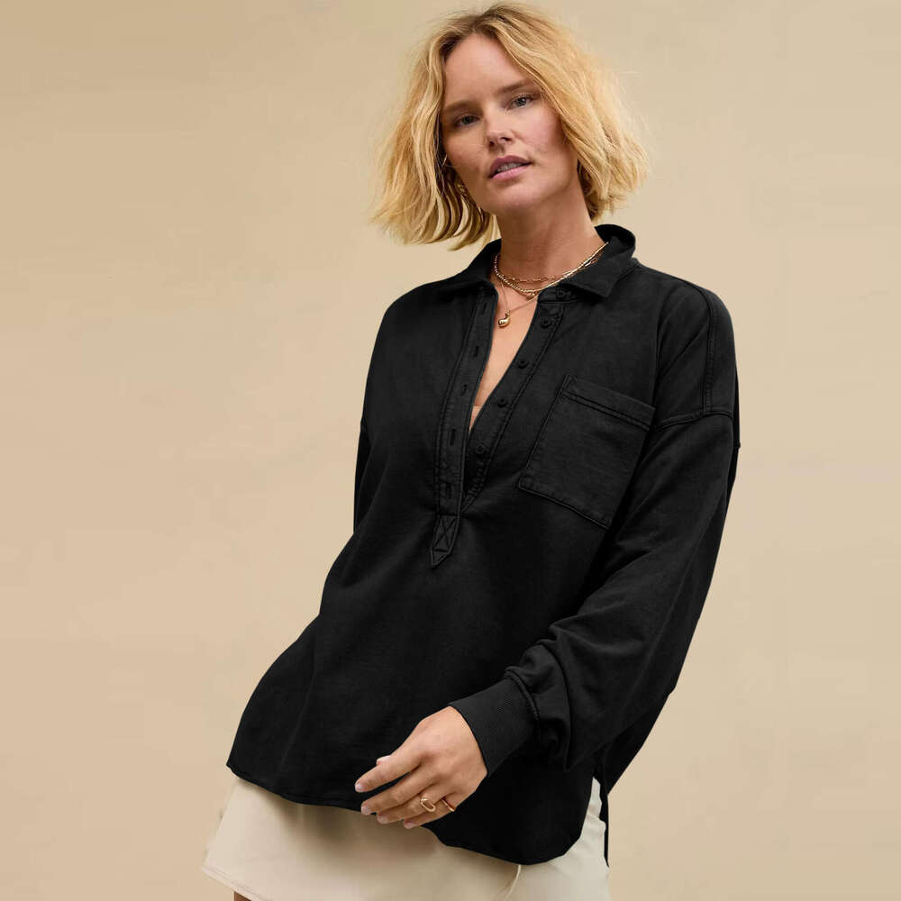 New Fashion Versatile Women's Loose Polo Collar Button Casual Long Sleeve Design Split Sweatshirt