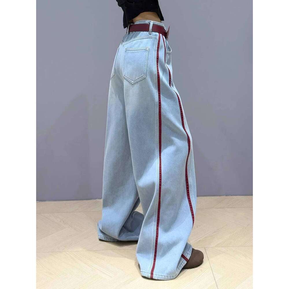 2025 NEW Splicing Blue High Street Straight Leg Fashion Y2k Style American Spring Oversized Women's Loose Jeans