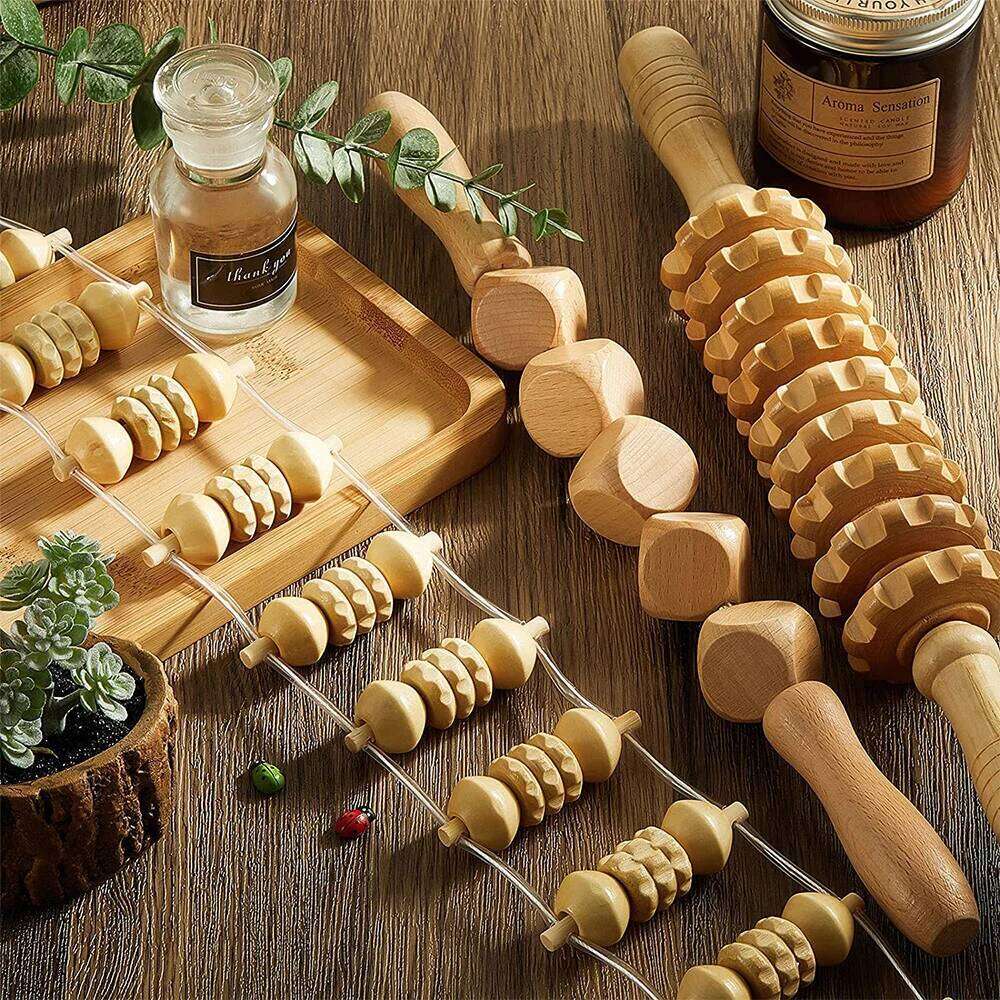6 In 1 Wood Therapy Tool Lymphatic Drainage Massager Anti Cellulite Fascia Massage Roller For Full Body Muscle Relaxatio